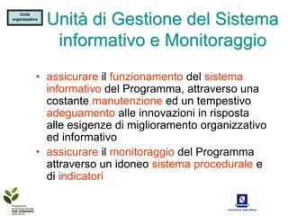 Unità di Gestione del Sistema
    Unità
organizzative




                 informativo e Monitoraggio
            • assicurare il funzionamento del sistema
              informativo del Programma, attraverso una
              costante manutenzione ed un tempestivo
              adeguamento alle innovazioni in risposta
              alle esigenze di miglioramento organizzativo
              ed informativo
            • assicurare il monitoraggio del Programma
              attraverso un idoneo sistema procedurale e
              di indicatori
 