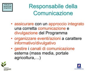 Responsabile della
Unità per il
governo del
programma




                     Comunicazione
           • assicurare con un approccio integrato
             una corretta comunicazione e
             divulgazione del Programma
           • organizzare eventi/azioni a carattere
             informativo/divulgativo
           • gestire i canali di comunicazione
             esterna (mass media, portale
             agricoltura,…)
 