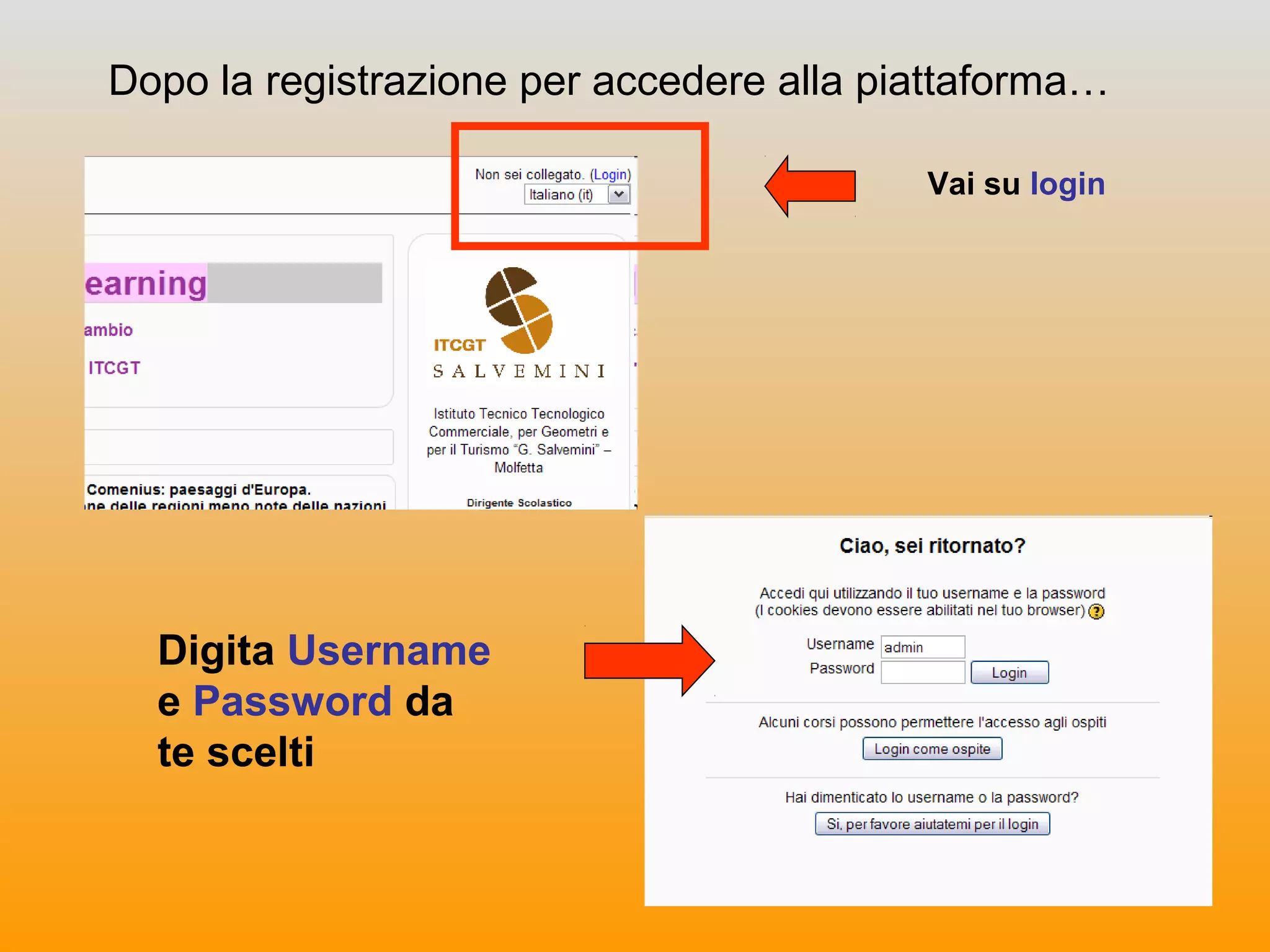 Dopo la registrazione per accedere alla piattaforma…
Vai su login
Digita Username
e Password da
te scelti
 