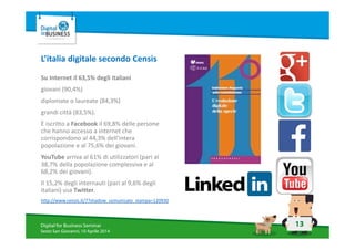 13Digital for Business Seminar
Sesto San Giovanni, 10 Aprile 2014
L’italia digitale secondo Censis
Su Internet il 63,5% degli italiani
giovani (90,4%)
diplomate o laureate (84,3%)
grandi città (83,5%).
È iscritto a Facebook il 69,8% delle persone
che hanno accesso a internet che
corrispondono al 44,3% dell'intera
popolazione e al 75,6% dei giovani.
YouTube arriva al 61% di utilizzatori (pari al
38,7% della popolazione complessiva e al
68,2% dei giovani).
Il 15,2% degli internauti (pari al 9,6% degli
italiani) usa Twitter.
http://www.censis.it/7?shadow_comunicato_stampa=120930
 