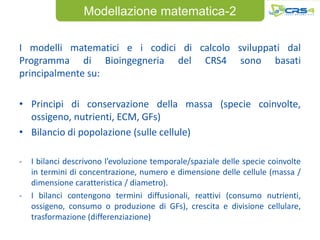 Modellazione matematica-2

I modelli matematici e i codici di calcolo sviluppati dal
Programma di Bioingegneria del CRS4 sono basati
principalmente su:

• Principi di conservazione della massa (specie coinvolte,
  ossigeno, nutrienti, ECM, GFs)
• Bilancio di popolazione (sulle cellule)

-   I bilanci descrivono l’evoluzione temporale/spaziale delle specie coinvolte
    in termini di concentrazione, numero e dimensione delle cellule (massa /
    dimensione caratteristica / diametro).
-   I bilanci contengono termini diffusionali, reattivi (consumo nutrienti,
    ossigeno, consumo o produzione di GFs), crescita e divisione cellulare,
    trasformazione (differenziazione)
 
