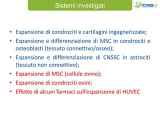 Sistemi investigati



• Espansione di condrociti e cartilagini ingegnerizzate;
• Espansione e differenziazione di MSC in condrociti e
  osteoblasti (tessuto connettivo/osseo);
• Espansione e differenziazione di CNSSC in astrociti
  (tessuto non connettivo);
• Espansione di MSC (cellule ovine);
• Espansione di condrociti ovini;
• Effetto di alcuni farmaci sull’espansione di HUVEC
 