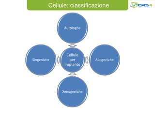 Cellule: classificazione


               Autologhe




                Cellule
Singeniche       per        Allogeniche
               impianto




              Xenogeniche
 