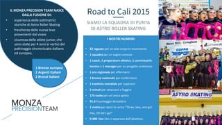 I NOSTRI NUMERI:
• 22 ragazze per un solo corpo in movimento
• 1 squadra per un sogno comune
• 1 coach, 1 preparatore atletico, 1 commissario
tecnico e 1 manager per un progetto ambizioso
• 1 oro regionale per affermarci
• 1 bronzo nazionale per confermarci
• 1 trasferta mondiale per superarci
• 5 minuti per attaccare e fuggire
• 176 ruote per un’unica spinta
• 91.6 il punteggio da battere
• 1 motto per darci la carica “Three, two, one go!
Hey, Oh let’s go!”
• 9.400 i km che ci separano dall’obiettivo
IL MONZA PRECISION TEAM NASCE
DALLA FUSIONE DI:
• esperienza delle pattinatrici
storiche di Astro Roller Skating
• freschezza delle nuove leve
provenienti dal vivaio
• sicurezza delle atlete junior, che
sono state per 4 anni ai vertici del
pattinaggio sincronizzato italiano
ed europeo.
1 Bronzo europeo
2 Argenti italiani
2 Bronzi italiani
Road to Cali 2015
SIAMO LA SQUADRA DI PUNTA
DI ASTRO ROLLER SKATING
 