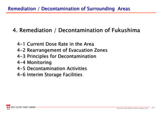 352013 the Tokyo Electric Power Company, INC.
Remediation / Decontamination of Surrounding AreasRemediation / Decontamination of Surrounding Areas
4. Remediation / Decontamination of Fukushima
4-1 Current Dose Rate in the Area
4-2 Rearrangement of Evacuation Zones
4-3 Principles for Decontamination
4-4 Monitoring
4-5 Decontamination Activities
4-6 Interim Storage Facilities
 