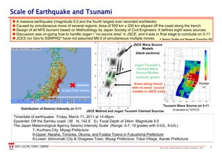 32013 the Tokyo Electric Power Company, INC.
震源
原子力発電所
Time/date of earthquake: Friday, March 11, 2011 at 14:46pm
Epicenter: Off the Sanriku coast （38°N, 142.9°E) Focal Depth of 24km Magnitude 9.0
The Japan Meteorological Agency Seismic Intensity Scale: (Range: 0-7, 10 grades with 5-U/L, 6-U/L)
7: Kurihara City, Miyagi Prefecture
6-Upper: Naraha, Tomioka, Okuma, and Futaba Towns in Fukushima Prefecture
6-Lower: Ishinomaki City & Onagawa Town, Miyagi Prefecture; Tokai Village, Ibaraki Prefecture
Time/date of earthquake: Friday, March 11, 2011 at 14:46pm
Epicenter: Off the Sanriku coast （38°N, 142.9°E) Focal Depth of 24km Magnitude 9.0
The Japan Meteorological Agency Seismic Intensity Scale: (Range: 0-7, 10 grades with 5-U/L, 6-U/L)
7: Kurihara City, Miyagi Prefecture
6-Upper: Naraha, Tomioka, Okuma, and Futaba Towns in Fukushima Prefecture
6-Lower: Ishinomaki City & Onagawa Town, Miyagi Prefecture; Tokai Village, Ibaraki Prefecture
Scale of Earthquake and TsunamiScale of Earthquake and Tsunami
Distribution of Seismic Intensity on 3-11
 A massive earthquake (magnitude 9.0 and the fourth largest ever recorded worldwide)
 Caused by simultaneous move of several regions: Area of 500 km x 200 km slipped off the coast along the trench
 Design of all NPS tsunami based on Methodology by Japan Society of Civil Engineers: It defines eight wave sources
 Discussion was on-going how to handle Jogan / “no source area” in JSCE, and it was in final stage to conclude on 3-11
 JCES nor Gov’ts SSRPHQ* have not assumed M9.0 of simultaneous multiple moves
Slippage
［m］
Tsunami Wave Source on 3-11
(Evaluated by TEPCO)
JSCE Method and Jogan Tsunami Claimed Sources
JSCE Wave Source
Models
(black sections)
Jogan Tsunami’s
Claimed Wave
Source Models
(unfixed: green)
Areas along trench
with no wave source
models in JSCE (red)
Epicenter
Nuclear Power Stations
* Seismic Studies and Research Promotion HQ
 