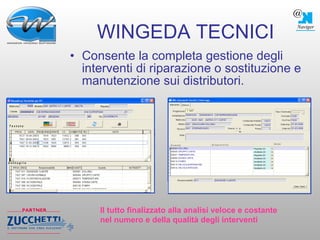 WINGEDA TECNICI Consente la completa gestione degli interventi di riparazione o sostituzione e manutenzione sui distributori. Il tutto finalizzato alla analisi veloce e costante nel numero e della qualità degli interventi 