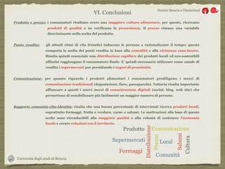 Università degli studi di Brescia
Nutrire Brescia e l’hinterland
Prodotto e prezzo: i consumatori risultano avere una maggiore cultura alimentare, per questo, ricercano
prodotti di qualità e ne verificano la provenienza. Il prezzo rimane una variabile
discriminante nella scelta del prodotto.
Punto vendita: gli attuali ritmi di vita frenetici inducono le persone a razionalizzare il tempo; questo
comporta la scelta dei punti vendita in base alla comodità e alla vicinanza casa-lavoro.
Risulta quindi essenziale una distribuzione capillare dei prodotti locali ed eco-sostenibili
affinché raggiungano il consumatore finale. E’ quindi necessario utilizzare come canale di
vendita i supermercati pur presidiando i negozi di prossimità.
Comunicazione: per quanto riguarda i prodotti alimentari i consumatori prediligono i mezzi di
comunicazione tradizionali (degustazioni, fiere, passaparola). Tuttavia risulta importante
affiancare a questi i nuovi mezzi di comunicazione digitali (social, blog, web site) che
permettono di sensibilizzare più facilmente un maggior numero di persone.
Rapporto comunità-cibo-identità: risulta che una buona percentuale di intervistati ricerca prodotti locali,
soprattutto formaggi, frutta e verdura, carne e salumi. Le motivazioni alla base di queste
scelte sono riconducibili alla maggiore qualità e alla volontà di sostenere l’economia
locale e creare relazioni con il territorio.
VI. Conclusioni
Prezzo
Prodotto Comunicazione
Distribuzione
Comunità
Supermercati Local
Formaggi
Salumi
Cultura
 