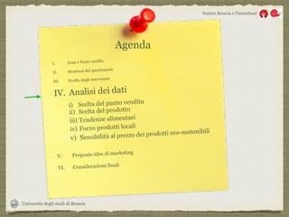 Università degli studi di Brescia
Nutrire Brescia e l’hinterland
I. Zona e Punti vendita
II. Struttura del questionario
III. Profilo degli intervistati
IV. Analisi dei dati
i) Scelta del punto vendita
ii) Scelta del prodotto
iii) Tendenze alimentari
iv) Focus prodotti locali
v) Sensibilità al prezzo dei prodotti eco-sostenibili
V. Proposte-idee di marketing
VI. Considerazioni finali
Agenda
 