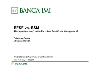 EFSF vs. ESM
The “quantum leap” in the Euro Area Debt Crisis Management?


Cristiana Corno
Structured Credit




The Debt Crisis: Different Rules for a Different World
New York, May 17-20 2011
 