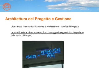 Architettura del Progetto e Gestione
L’idea trova la sua attualizzazione o realizzazione tramite il Progetto
La pianificazione di un progetto è un passaggio ingegneristico bayesiano
(alla faccia di Popper)
 