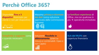 Perchè Office 365?
Disponibile fino a 5
dispositivi (licenziato per
utente e non per dispositivo)
Massima privacy e sicurezza
dei dati (unica soluzione
approvata dalla Commissione
Europea)
La familiare esperienza di
Office...ma con qualcosa in
più  operatività immediata
Semplicità e supporto come
e quando necessario
Soluzione flessibile in
abbonamento (piani su
misura e combinabili, Opex e
non Capex)
SLA del 99,9% con
copertura finanziaria
 