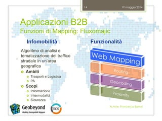 Applicazioni B2B
Funzioni di Mapping: Fluxomajic
Infomobilità
Algoritmo di analisi e
tematizzazione del traffico
stradale in un’area
geografica
 Ambiti
 Trasporti e Logistica
 PA
 Scopi
 Informazione
 Intermodalità
 Sicurezza
Funzionalità
19 maggio 2014
Autore: Francesco Bartoli
14
 