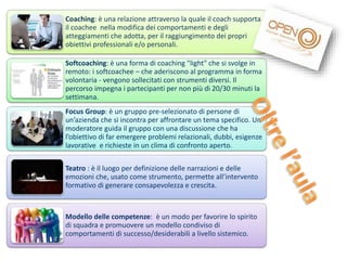 Coaching: è una relazione attraverso la quale il coach supporta
il coachee nella modifica dei comportamenti e degli
atteggiamenti che adotta, per il raggiungimento dei propri
obiettivi professionali e/o personali.
Softcoaching: è una forma di coaching "light" che si svolge in
remoto: i softcoachee – che aderiscono al programma in forma
volontaria - vengono sollecitati con strumenti diversi. Il
percorso impegna i partecipanti per non più di 20/30 minuti la
settimana.
Focus Group: è un gruppo pre-selezionato di persone di
un’azienda che si incontra per affrontare un tema specifico. Un
moderatore guida il gruppo con una discussione che ha
l’obiettivo di far emergere problemi relazionali, dubbi, esigenze
lavorative e richieste in un clima di confronto aperto.
Teatro : è il luogo per definizione delle narrazioni e delle
emozioni che, usato come strumento, permette all’intervento
formativo di generare consapevolezza e crescita.

Modello delle competenze: è un modo per favorire lo spirito
di squadra e promuovere un modello condiviso di
comportamenti di successo/desiderabili a livello sistemico.

 