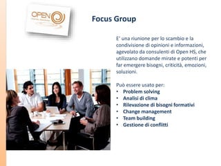 Focus Group
E’ una riunione per lo scambio e la
condivisione di opinioni e informazioni,
agevolato da consulenti di Open HS, che
utilizzano domande mirate e potenti per
far emergere bisogni, criticità, emozioni,
soluzioni.
Può essere usato per:
• Problem solving
• Analisi di clima
• Rilevazione di bisogni formativi
• Change management
• Team building
• Gestione di conflitti

 