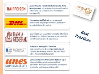 Autoefficacia, Flessibilità Relazionale, Time
Management: un percorso in tre anni in cui si
affrontano tre capisaldi della formazione
manageriale
Formazione dei Talenti: un percorso di
formazione degli High-Potential, attraverso
la metodologia del teatro

Innovation: un progetto rivolto alla diffusione
della Cultura dell’Innovazione in partnership
con l’Università Liuc di Castellanza

Principi di Intelligenza Emotiva:
approfondimento di temi particolari quali
Fiducia, Networking Interno, Ascolto degli
altri e Flessibilità Relazionale
Valutazione delle Prestazioni Bottom-up: i
direttori di Negozio hanno stabilito i
parametri della valutazione delle prestazioni
grazie alla facilitazione di Open HS

 