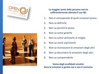 La maggior parte delle persone non ha
sufficientemente allenato il suo QE:

1.

Non è consapevole di quali emozioni prova

2.

Non sa definirle

3.

Non sa perché le prova

4.

Non sa come gestirle

5.

Non sa come utilizzarle al meglio

6.

Non sa come esprimerle

7.

Non sa riconoscere le emozioni degli altri

8.

Non sa descrivere le emozioni degli altri

9.

Non sa comprenderle

Siamo degli analfabeti emotivi.
Sono le emozioni a gestire noi e non il contrario.

 