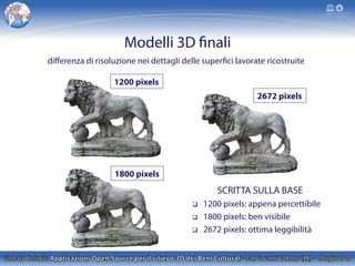 Modelli 3D finali
1200 pixels
diﬀerenza di risoluzione nei dettagli delle superfici lavorate ricostruite
1800 pixels
2672 pixels
SCRITTA SULLA BASE
q  1200 pixels: appena percettibile
q  1800 pixels: ben visibile
q  2672 pixels: ottima leggibilità
 