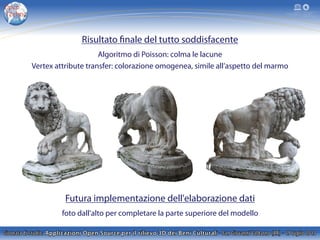 Risultato finale del tutto soddisfacente
Algoritmo di Poisson: colma le lacune
Vertex attribute transfer: colorazione omogenea, simile all’aspetto del marmo
Futura implementazione dell'elaborazione dati
foto dall'alto per completare la parte superiore del modello
 