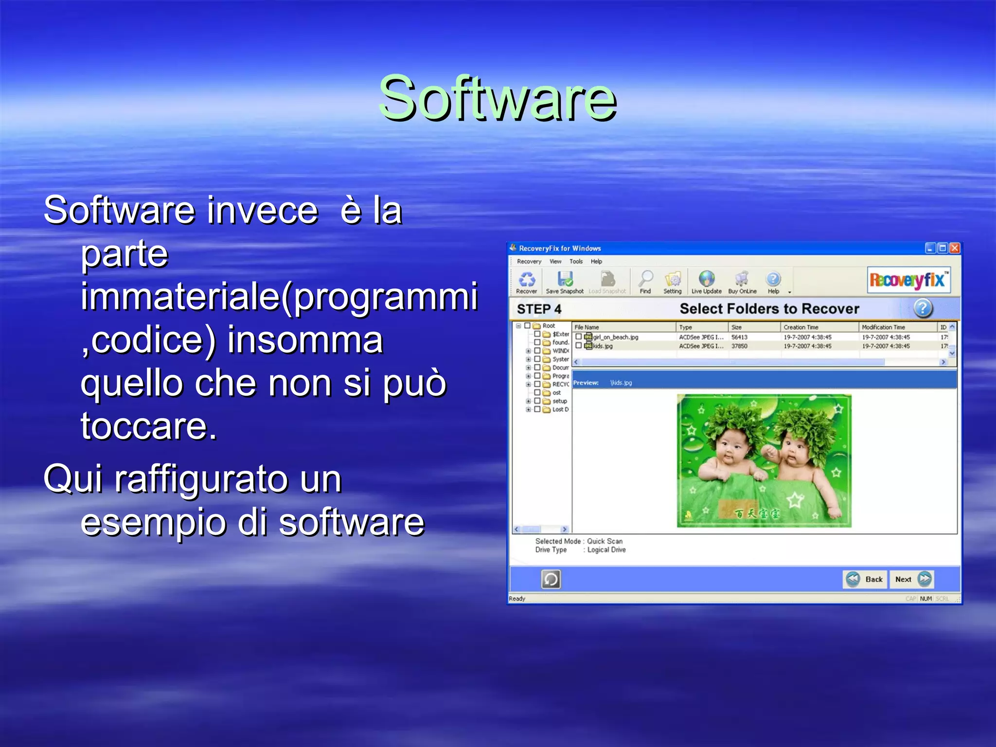 Software Software invece  è la parte immateriale(programmi,codice) insomma quello che non si può toccare. Qui raffigurato un esempio di software 
