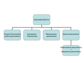 PSICOMOTRICITA’

Terapia Psicomotoria
(aiuto psicomotorio)

Educazione
Psicomotoria

Rieducazione
psicomotoria

Esame psicomotorio

Osservazione psicomotoria
+
Valutazione psicomotoria

 