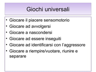 Giochi universali
•
•
•
•
•
•

Giocare il piacere sensomotorio
Giocare ad avvolgersi
Giocare a nascondersi
Giocare ad essere inseguiti
Giocare ad identificarsi con l’aggressore
Giocare a riempire/vuotare, riunire e
separare

 