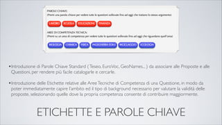 ETICHETTE E PAROLE CHIAVE
•Introduzione di Parole Chiave Standard (Teseo, EuroVoc, GeoNames... ) da associare alle Proposte e alle
Questioni, per rendere più facile catalogarle e cercarle.
•Introduzione delle Etichette relative alle AreeTecniche di Competenza di una Questione, in modo da
poter immediatamente capire l’ambito ed il tipo di background necessario per valutare la validità delle
proposte, selezionando quelle dove la propria competenza consente di contribuire maggiormente.
 