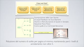 Riduzione del numero di scelte per pagina al minimo, mantenendo però i livelli di
annidamento non oltre 5.
Scomposizione delle User Stories
di Liquid Feedback nei Suoi Elementi
Atomici e Ristrutturazione di Questi in Semplici
Sequenze Passo-Passo
Come quelle di un terminale Bancomat.
Una Pagina = Una Scelta
 