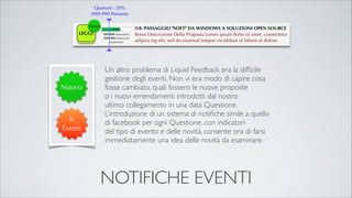 NOTIFICHE EVENTI
Un altro problema di Liquid Feedback era la difﬁcile
gestione degli eventi. Non vi era modo di capire cosa
fosse cambiato, quali fossero le nuove proposte
o i nuovi emendamenti introdotti dal nostro
ultimo collegamento in una data Questione.
L’introduzione di un sistema di notiﬁche simile a quello
di facebook per ogni Questione, con indicatori
del tipo di evento e delle novità, consente ora di farsi
immediatamente una idea delle novità da esaminare.
 