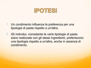 1. Un condimento influenza la preferenza per una
tipologia di pasta rispetto a un'altra.
2. Gli individui, nonostante le varie tipologie di pasta
siano realizzate con gli stessi ingredienti, preferiscono
una tipologia rispetto a un'altra, anche in assenza di
condimento.
 