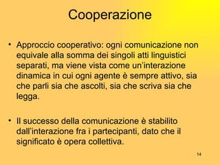 Cooperazione Approccio cooperativo:  ogni comunicazione non equivale alla somma dei singoli atti linguistici separati, ma viene vista come un’interazione dinamica in cui ogni agente  è  sempre attivo, sia che parli sia che ascolti, sia che scriva sia che legga. Il successo della comunicazione  è  stabilito dall’interazione fra i partecipanti, dato che il significato  è  opera collettiva. 