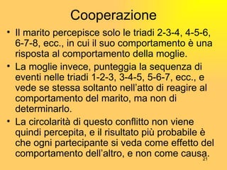 Cooperazione Il marito percepisce solo le triadi 2-3-4, 4-5-6, 6-7-8, ecc., in cui il suo comportamento  è  una risposta al comportamento della moglie. La moglie invece, punteggia la sequenza di eventi nelle triadi 1-2-3, 3-4-5, 5-6-7, ecc., e vede se stessa soltanto nell’atto di reagire al comportamento del marito, ma non di determinarlo. La circolarit à  di questo conflitto non viene quindi percepita, e il risultato pi ù  probabile  è  che ogni partecipante si veda come effetto del comportamento dell’altro, e non come causa. 