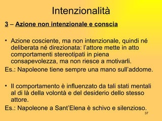Intenzionalità 3  –  Azione non intenzionale e conscia Azione cosciente, ma non intenzionale, quindi né deliberata né direzionata: l’attore mette in atto comportamenti stereotipati in piena consapevolezza, ma non riesce a motivarli. Es.: Napoleone tiene sempre una mano sull’addome. Il comportamento è influenzato da tali stati mentali al di là della volontà e del desiderio dello stesso attore. Es.: Napoleone a Sant’Elena è schivo e silenzioso. 