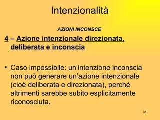 Intenzionalità AZIONI INCONSCE 4  –  Azione intenzionale direzionata, deliberata e inconscia Caso impossibile: un’intenzione inconscia non può generare un’azione intenzionale (cioè deliberata e direzionata), perché altrimenti sarebbe subito esplicitamente riconosciuta. 
