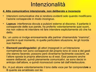 Intenzionalità 4. Atto comunicativo intenzionale, non deliberato e inconscio Intenzioni comunicative che si rendono evidenti solo quando modificano l’azione consapevole in modo incongruo. Lapsus : interferenza dovuta a pulsioni esterne al discorso. Il parlante  è  consapevole delle sue parole, ha proferito volontariamente quei suoni, ma non voleva né intendere né fare intendere esplicitamente ciò che ha detto. Es.: un uomo si rivolge erroneamente alla partner chiamandola “mamma ” , perchè in quel momento, in quella particolare situazione, lei gli ricorda sua mamma. Elementi paralinguistici : gli attori impegnati in un’interazione normalmente non sono consapevoli del proprio tono di voce e dei gesti che stanno facendo; possono però diventarne facilmente coscienti, se l’attore sposta la propria attenzione su di essi. Essi possono anche essere deliberati, quindi pienamente comunicativi, se sono decisi in anticipo dall’attore, e quindi riconosciuti come tali dall’interlocutore. Es.: A può alzare volontariamente il tono della voce per far comprendere a B quanto sia arrabbiato con lei. 