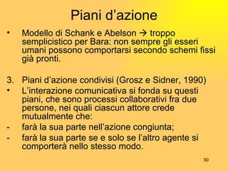 Piani d’azione Modello di Schank e Abelson    troppo semplicistico per Bara: non sempre gli esseri umani possono comportarsi secondo schemi fissi già pronti. Piani d’azione condivisi (Grosz e Sidner, 1990) L’interazione comunicativa si fonda su questi piani, che sono processi collaborativi fra due persone, nei quali ciascun attore crede mutualmente che: - farà la sua parte nell’azione congiunta; - farà la sua parte se e solo se l’altro agente si comporterà nello stesso modo. 