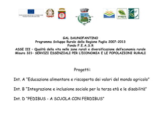 MINISTERO DELLE 
POLITICHE AGRICOLE REGIONE PUGLIA 
COMUNE DI SAN FERDINANDO DI PUGLIA 
GAL DAUNOFANTINO 
Programma Sviluppo Rurale della Regione Puglia 2007-2013 
Fondo F.E.A.S.R 
ASSE III – Qualità della vita nelle zone rurali e diversificazione dell’economia rurale 
Misura 321– SERVIZI ESSENZIALI PER L’ECONOMIA E LE POPOLAZIONI RURALI 
Progetti: 
Int. A “Educazione alimentare e riscoperta dei valori del mondo agricolo” 
Int. B “Integrazione e inclusione sociale per la terza età e le disabilità” 
Int. D “PEDIBUS - A SCUOLA CON FERDIBUS” 
 