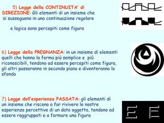 5) Legge della CONTINUITA’ di
DIREZIONE: Gli elementi di un insieme che
si susseguono in una continuazione regolare

    e logica sono percepiti come figura




6) Legge della PREGNANZA: in un insieme di elementi
quelli che hanno la forma più semplice e più
riconoscibili, tendono ad essere percepiti come figura,
gli altri passeranno in secondo piano e diventeranno lo
sfondo




7) Legge dell’esperienza PASSATA: gli elementi di
un insieme che riscono a far rivivere le nostre
esperienze percettive di un dato oggetto, tendono ad
essere raggruppati e a formare una figura
 