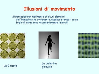 Illusioni di movimento
      Si percepisce un movimento di alcuni elementi
         dell'immagine che ovviamente, essendo stampati su un
         foglio di carta sono necessariamente immobili




                              La ballerina
Le 9 ruote                    girevole
 