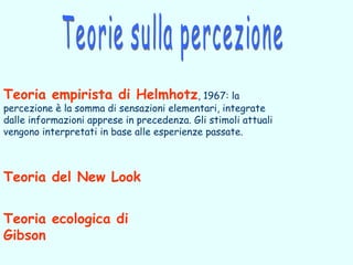 Teoria empirista di Helmhotz, 1967: la
percezione è la somma di sensazioni elementari, integrate
dalle informazioni apprese in precedenza. Gli stimoli attuali
vengono interpretati in base alle esperienze passate.



Teoria del New Look


Teoria ecologica di
Gibson
 
