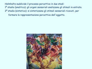 Helmholtz suddivide il processo percettivo in due stadi:
1º stadio (analitico): gli organi sensoriali analizzano gli stimoli in entrata.
2º stadio (sintetico): si sintetizzano gli stimoli sensoriali ricevuti, per
   formare la rappresentazione percettiva dell'oggetto.
 