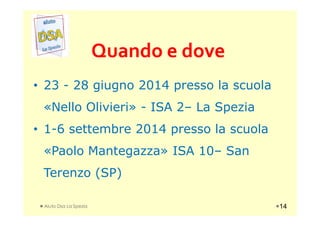 Quando e doveQuando e dove
• 23 - 28 giugno 2014 presso la scuola
«Nello Olivieri» - ISA 2– La Spezia«Nello Olivieri» - ISA 2– La Spezia
• 1-6 settembre 2014 presso la scuola
«Paolo Mantegazza» ISA 10– San
Terenzo (SP)
Aiuto Dsa La Spezia 14
 