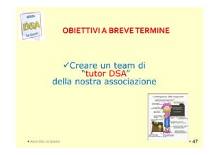 OBIETTIVI A BREVETERMINEOBIETTIVI A BREVETERMINE
Creare un team di
“tutor DSA”
della nostra associazione
“tutor DSA”
della nostra associazione
Aiuto Dsa La Spezia 47
 