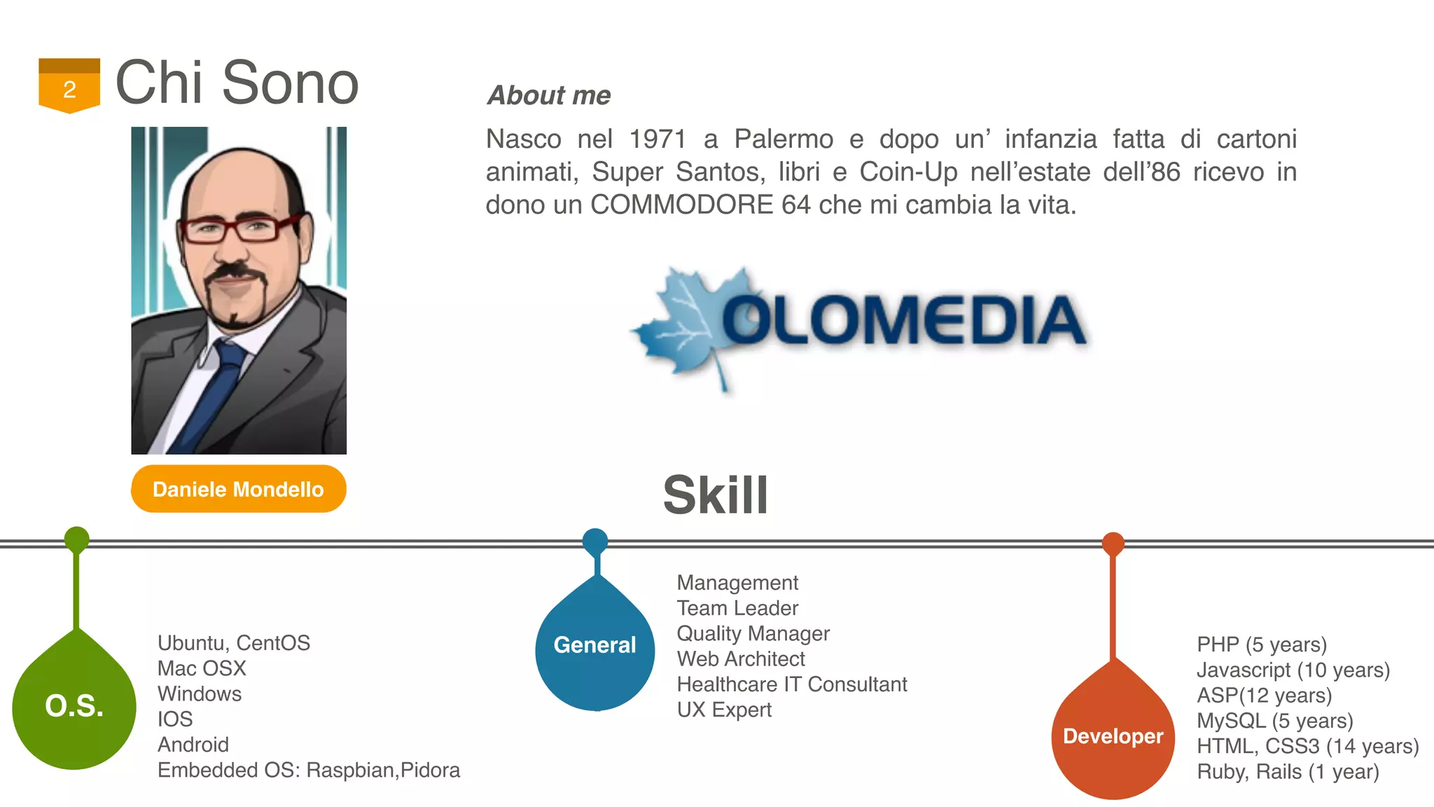 Chi Sono2 About me
Nasco nel 1971 a Palermo e dopo un’ infanzia fatta di cartoni
animati, Super Santos, libri e Coin-Up nell’estate dell’86 ricevo in
dono un COMMODORE 64 che mi cambia la vita.
Daniele Mondello
• Management
• Team Leader
• Quality Manager
• Web Architect
• Healthcare IT Consultant
• UX Expert
• Ubuntu, CentOS
• Mac OSX
• Windows
• IOS
• Android
• Embedded OS: Raspbian,Pidora
• PHP (5 years)
• Javascript (10 years)
• ASP(12 years)
• MySQL (5 years)
• HTML, CSS3 (14 years)
• Ruby, Rails (1 year)
Developer
O.S.
General
Skill
 