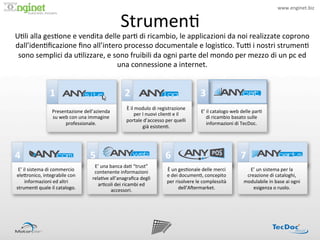 www.enginet.biz	
  


                                                                        Strumen:	
  
                                !




U:li	
  alla	
  ges:one	
  e	
  vendita	
  delle	
  par:	
  di	
  ricambio,	
  le	
  applicazioni	
  da	
  noi	
  realizzate	
  coprono	
  
dall’iden:ﬁcazione	
  ﬁno	
  all’intero	
  processo	
  documentale	
  e	
  logis:co.	
  TuP	
  i	
  nostri	
  strumen:	
  
 sono	
  semplici	
  da	
  u:lizzare,	
  e	
  sono	
  fruibili	
  da	
  ogni	
  parte	
  del	
  mondo	
  per	
  mezzo	
  di	
  un	
  pc	
  ed	
  
                                               una	
  connessione	
  a	
  internet.	
  


                        1	
                                                2	
                                                       3	
  
                                                                            È	
  il	
  modulo	
  di	
  registrazione	
  
                          Presentazione	
  dell’azienda	
                                                                            E’	
  il	
  catalogo	
  web	
  delle	
  par:	
  
                                                                                     per	
  I	
  nuovi	
  clien:	
  e	
  il	
  
                          su	
  web	
  con	
  una	
  immagine	
                                                                           di	
  ricambio	
  basato	
  sulle	
  
                                                                            portale	
  d’accesso	
  per	
  quelli	
  
                                  professionale.	
                                                                                         informazioni	
  di	
  TecDoc.	
  
                                                                                            già	
  esisten:.	
  




4	
                                                5	
                                                      6	
                                                    7	
  
                                                      E’	
  una	
  banca	
  da:	
  “trust”	
  
  E’	
  il	
  sistema	
  di	
  commercio	
            contenente	
  informazioni	
                            È	
  un	
  ges:onale	
  delle	
  merci	
                 E’	
  un	
  sistema	
  per	
  la	
  
 ele<ronico,	
  integrabile	
  con	
                                                                          e	
  dei	
  documen:,	
  concepito	
                    creazione	
  di	
  cataloghi,	
  
                                                     rela:ve	
  all’anagraﬁca	
  degli	
  
         informazioni	
  ed	
  altri	
                                                                        per	
  risolvere	
  le	
  complessità	
                modulabile	
  in	
  base	
  ai	
  ogni	
  
                                                        ar:coli	
  dei	
  ricambi	
  ed	
  
 strumen:	
  quale	
  il	
  catalogo.	
                             accessori.	
                                         dell’AIermarket.	
                              esigenza	
  o	
  ruolo.	
  
 