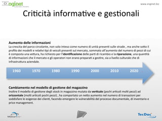 www.enginet.biz	
  
                         !



                Cri:cità	
  informa:ve	
  e	
  ges:onali	
  


Aumento	
  delle	
  informazioni	
  
La	
  crescita	
  del	
  parco	
  circolante,	
  non	
  solo	
  inteso	
  come	
  numero	
  di	
  unità	
  presen:	
  sulle	
  strade	
  ,	
  ma	
  anche	
  so<o	
  il	
  
proﬁlo	
  dei	
  modelli	
  e	
  rela:vi	
  :pi	
  di	
  veicoli	
  presen:	
  sul	
  mercato,	
  sommato	
  all’aumento	
  del	
  numero	
  di	
  pezzi	
  di	
  cui	
  
è	
  composta	
  una	
  ve<ura,	
  ha	
  richiesto	
  per	
  l’iden/ﬁcazione	
  delle	
  par:	
  di	
  ricambio	
  e	
  la	
  riparazione,	
  una	
  quan:tà	
  
di	
  informazioni	
  che	
  il	
  mercato	
  e	
  gli	
  operatori	
  non	
  erano	
  prepara:	
  a	
  ges:re,	
  sia	
  a	
  livello	
  culturale	
  che	
  di	
  
infrastru<ura	
  aziendale.	
  


    1960	
                   1970	
                1980	
                 1990	
                  2000	
                 2010	
                  2020	
  



Cambiamento	
  nel	
  modello	
  di	
  ges/one	
  del	
  magazzino	
  
Inoltre	
  il	
  modello	
  di	
  ges:one	
  degli	
  stock	
  in	
  magazzino	
  mutato	
  da	
  ver/cale	
  (pochi	
  ar:coli	
  mol:	
  pezzi)	
  ad	
  
orizzontale	
  (mol:	
  ar:coli	
  pochi	
  pezzi)	
  ,	
  ha	
  comportato	
  un	
  ne<o	
  aumento	
  nel	
  numero	
  di	
  transazioni	
  per	
  
soddisfare	
  le	
  esigenze	
  dei	
  clien:,	
  facendo	
  emergere	
  le	
  vulnerabilità	
  del	
  processo	
  documentale,	
  di	
  inventario	
  e	
  
price	
  management.	
  
 