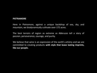 PIETRAMORE
Here in Pietramore, against a unique backdrop of sea, sky, and
mountain, we biodynamically cultivate over 172 acres.
The best terroirs of region as extreme as Abbruzzo tell a story of
passion, perseverance, courage, and purity.
We believe that wine is an expression of the earth’s artistry and we are
committed to creating products with style that leave lasting imprints,
like our people.
 