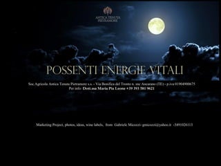 Soc.Agricola Antica Tenuta Pietramore s.s. - Via Bonifica del Tronto n. snc Ancarano (TE) - p.iva 01904900675
Per info: Dott.ssa Maria Pia Leone +39 393 581 9621
Marketing Project, photos, ideas, wine labels, from Gabriele Micozzi- gmicozzi@yahoo.it -3491026113
POSSENTI ENERGIE VITALI
 