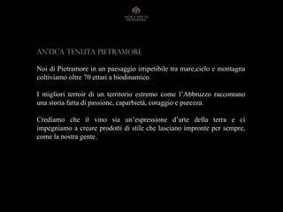 Antica tenuta PIETRAMORE
Noi di Pietramore in un paesaggio irripetibile tra mare,cielo e montagna
coltiviamo oltre 70 ettari a biodinamico.
I migliori terroir di un territorio estremo come l’Abbruzzo raccontano
una storia fatta di passione, caparbietà, coraggio e purezza.
Crediamo che il vino sia un’espressione d’arte della terra e ci
impegniamo a creare prodotti di stile che lasciano impronte per sempre,
come la nostra gente.
 