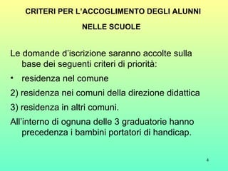 CRITERI PER L’ACCOGLIMENTO DEGLI ALUNNI NELLE SCUOLE   Le domande d’iscrizione saranno accolte sulla base dei seguenti criteri di priorità: residenza nel comune 2) residenza nei comuni della direzione didattica 3) residenza in altri comuni. All’interno di ognuna delle 3 graduatorie hanno precedenza i bambini portatori di handicap. 